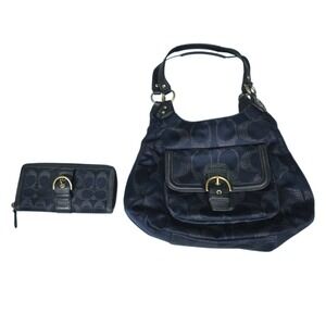 Coach Campbell Hobo Bag & Wallet Set Womens Navy Blue Signature Sateen Excellent